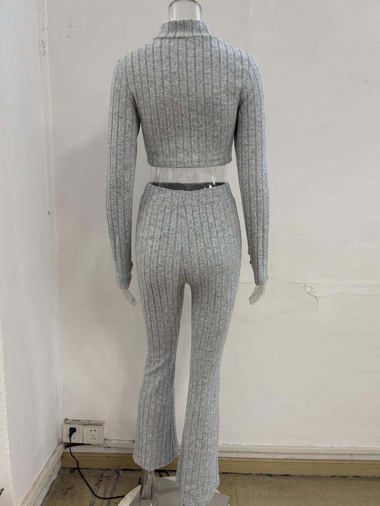 Damen einfarbiges geripptes Zweiteiler-Set: Reißverschluss-Cardigan-Top & High-Waist-Schlaghosen-Anzug für Herbst/Winter.