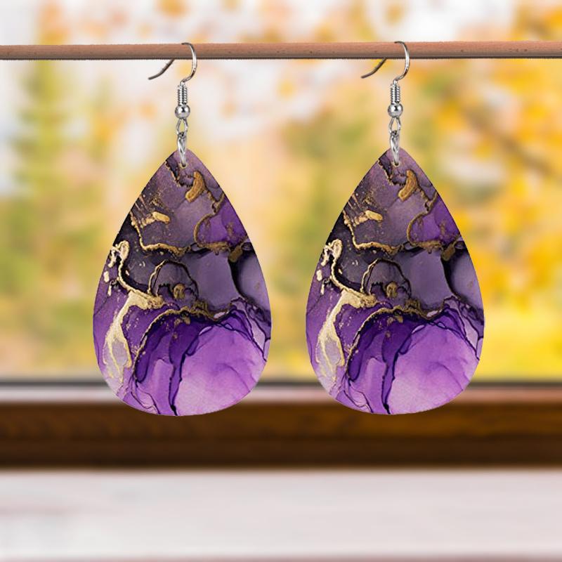 Colorful Marble Pattern PU Leather Earrings For Women Creative Fashion Teardrop Earrings Double-Sided Printing