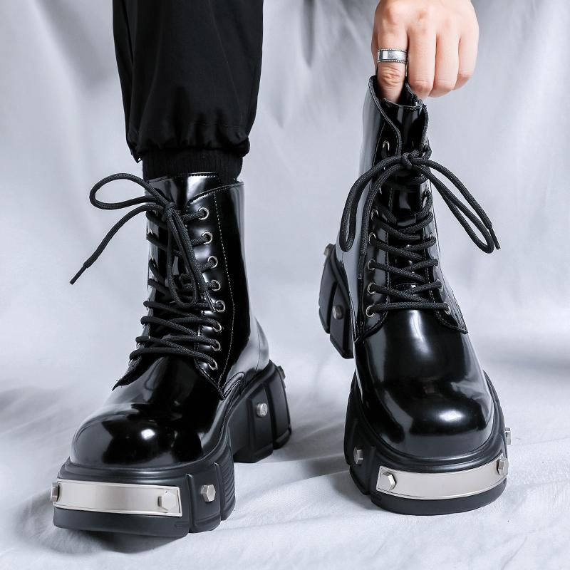 New Long Men's Boots Trendy Designer Style Casual Party and Outdoor Streets Lacquer Leather Shoes Thick Bottom Versatile