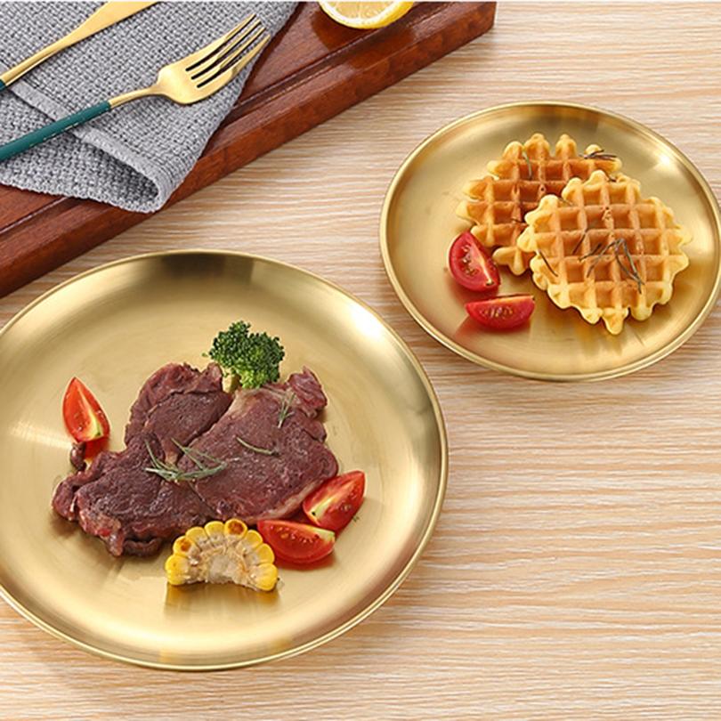 1pc New Stainless Steel Thickened Disc Golden Cafe Tray High Quality Dining Disc Fruit Meat Dessert Round Plate Shallow Tray