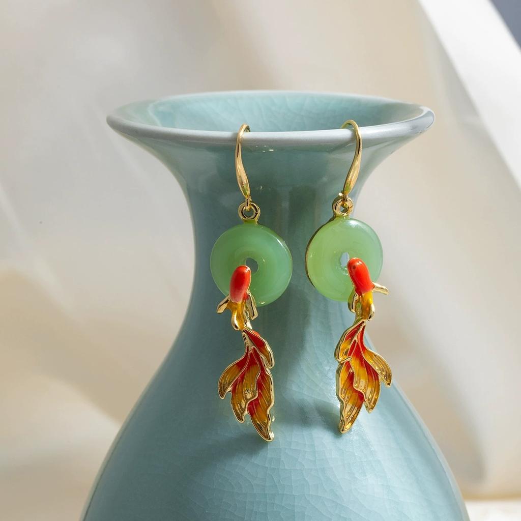 Steel Fun New China-Chic PingAn Buckle Koi Earrings Female Design Light Luxury Traditional Earrings Jewelry Accessories