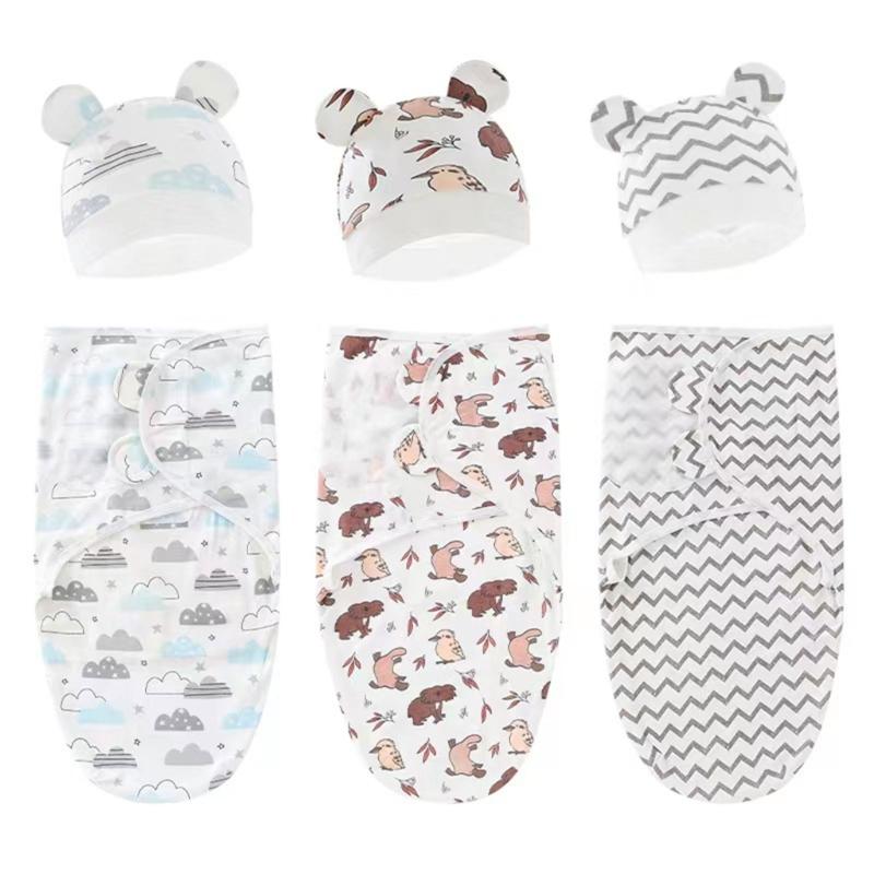 Baby Wrap Blanket & Beanie Hat Newborn Swaddling Blanket Cotton Sleeping Bag Hospital Hat for Infant Gender Neutral Hat