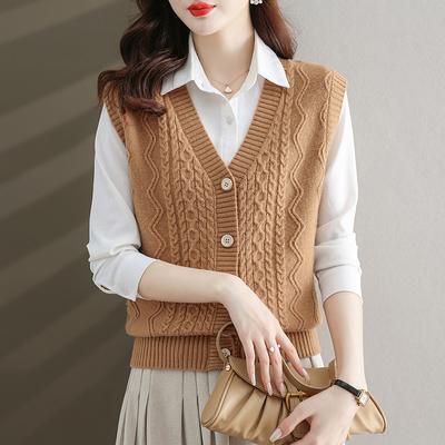 Women s Chic Polyester Knit Vest | V-Neck Cable Knit Sweater Vest | Solid Color Sleeveless Knitwear | Fall/Winter Layering Fashion Top free size
