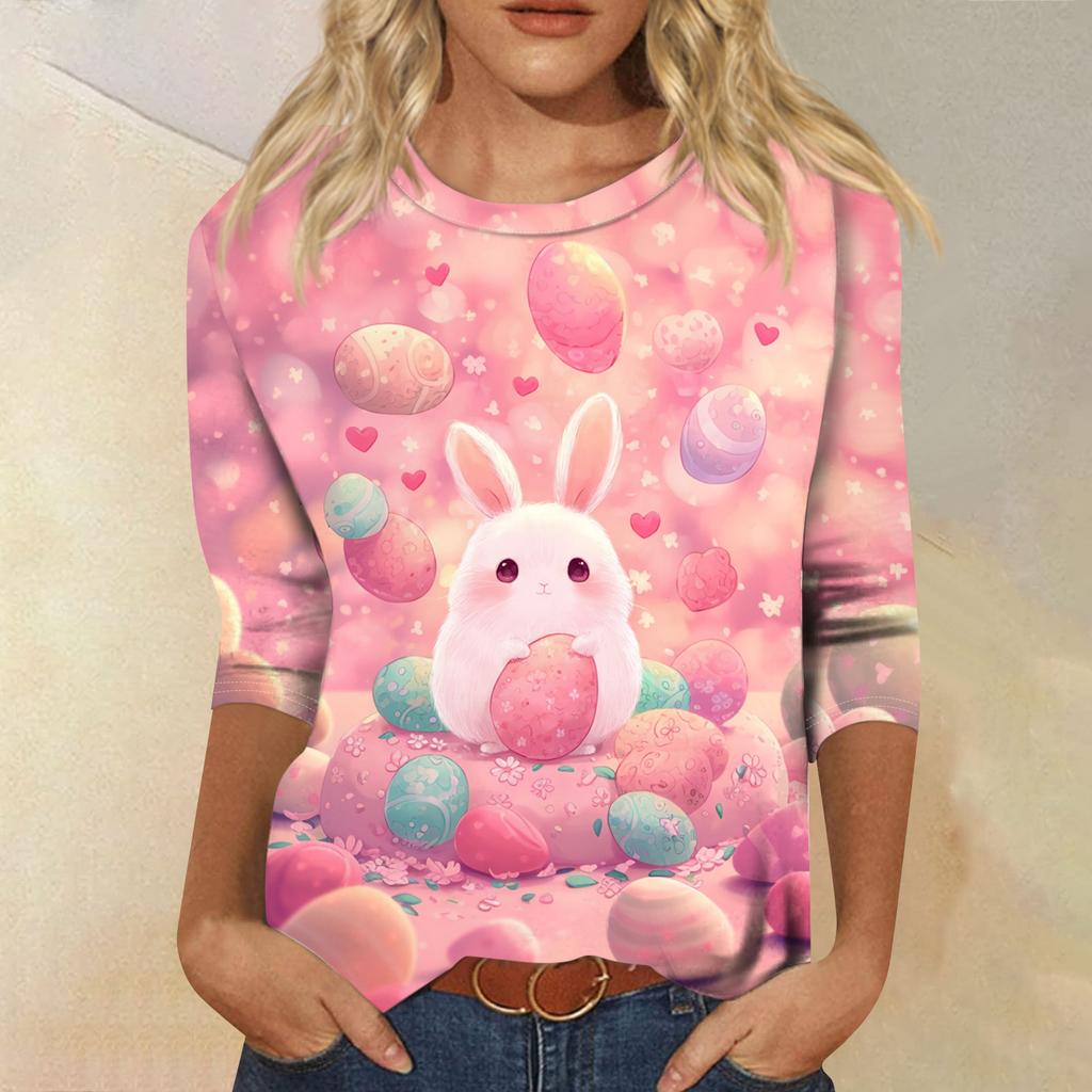 Women's Fashionable Casual Three-quarter Sleeve Easter Print Round Neck Pullover Top