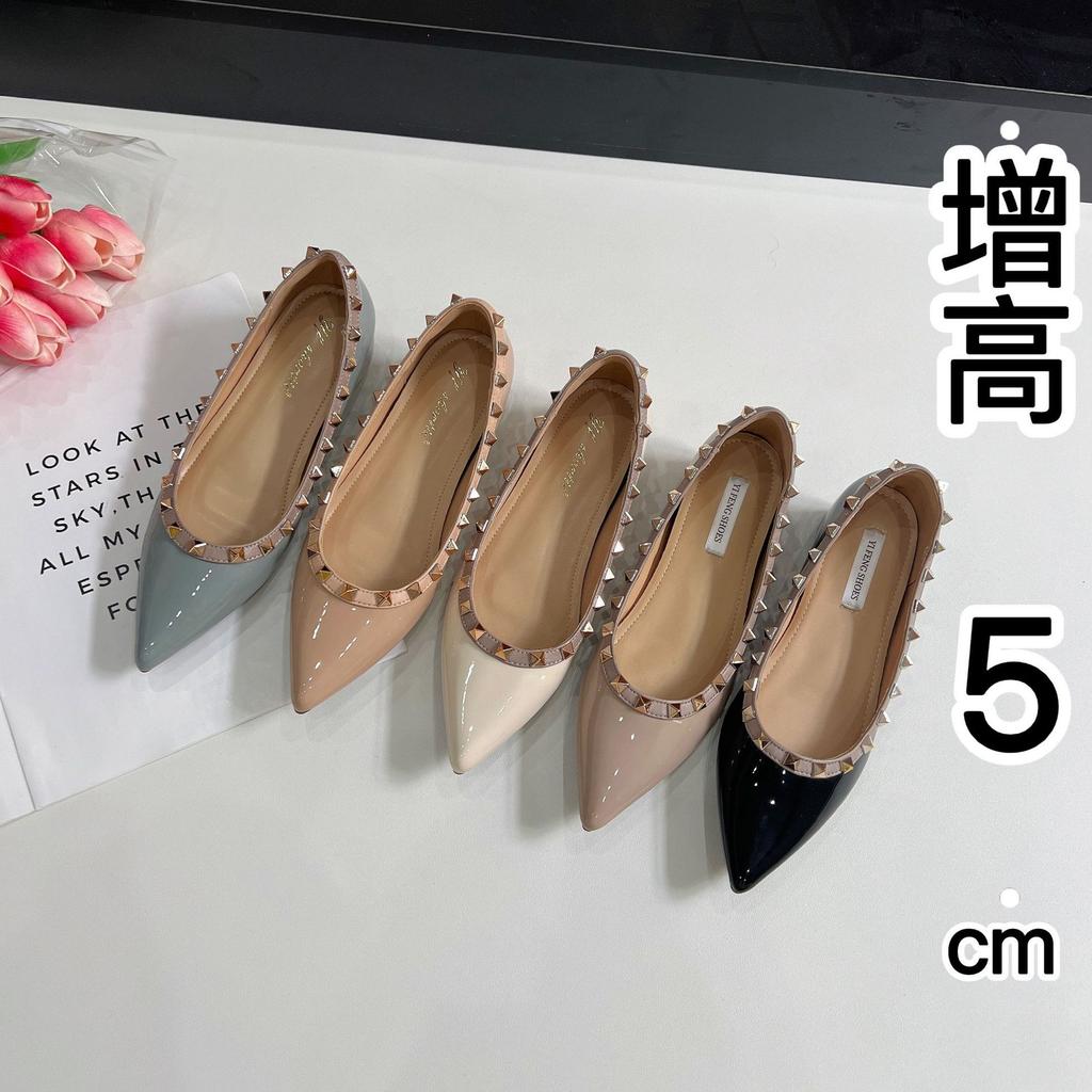 Sheepskin Inner Height Increase 5cm Rivet Patent Leather Pointed Flat Shoes Women's Spring New Sexy V Home Micro Open Toe Shallow Mouth Single Shoes