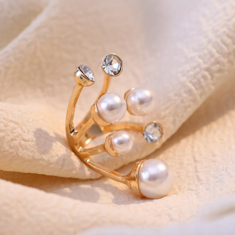Übertriebener zweilagiger Perlenring Nischen-Design Unregelmäßig mit Diamanten besetzter offener Ring Modischer Schmuck für Damen Geschenk
