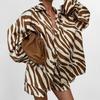 Women's Loose Fit Two-piece Outfit Set Long Sleeve Shirt Elastic Waist Zebra Print Shorts Suit