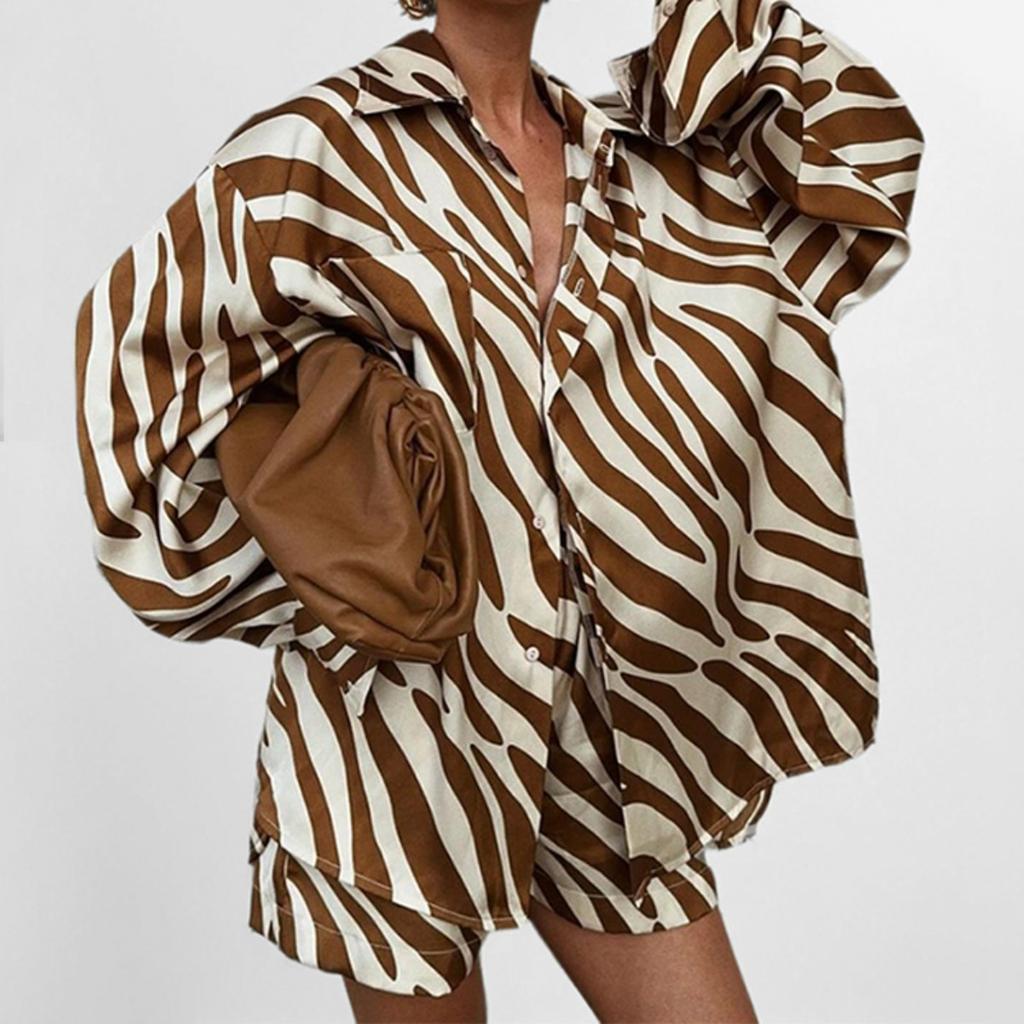 Women's Loose Fit Two-piece Outfit Set Long Sleeve Shirt Elastic Waist Zebra Print Shorts Suit