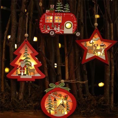Drzewo Boże Narodzenie Drewniana Gwiazda Ball Car LED Light Wiszący Ornament Home Party Decor
