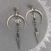 Gothic Punk Demon Eye Moon Earrings - Ancient Silver, Halloween Accessory, Long Metal Design