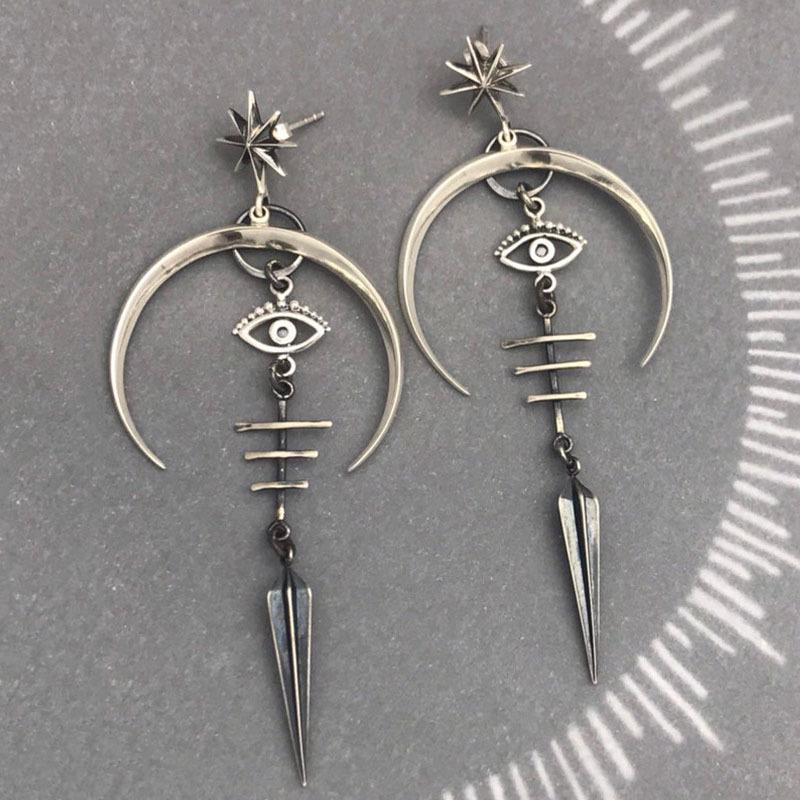 Gothic Punk Demon Eye Moon Earrings - Ancient Silver, Halloween Accessory, Long Metal Design