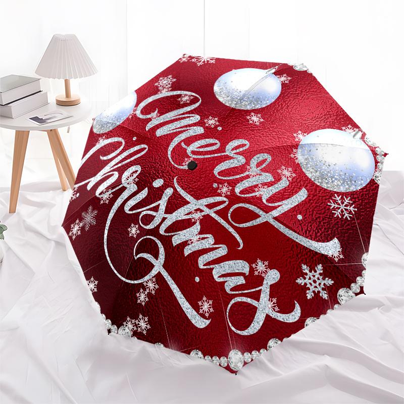 Merry ChristmasRed Foil Ornament with Snowflakes and BaublesUmbrella, Portable 3-Fold Compact Umbrella,Christmas Gift ES426