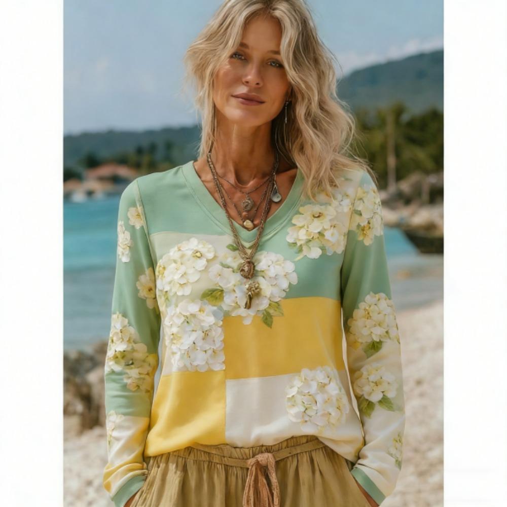 Spring Autumn Europe America Bohemian Style Fashion V-neck Women's T-shirt Pullover Women Long Sleeve Clothing Outdoor Casual Tees Top