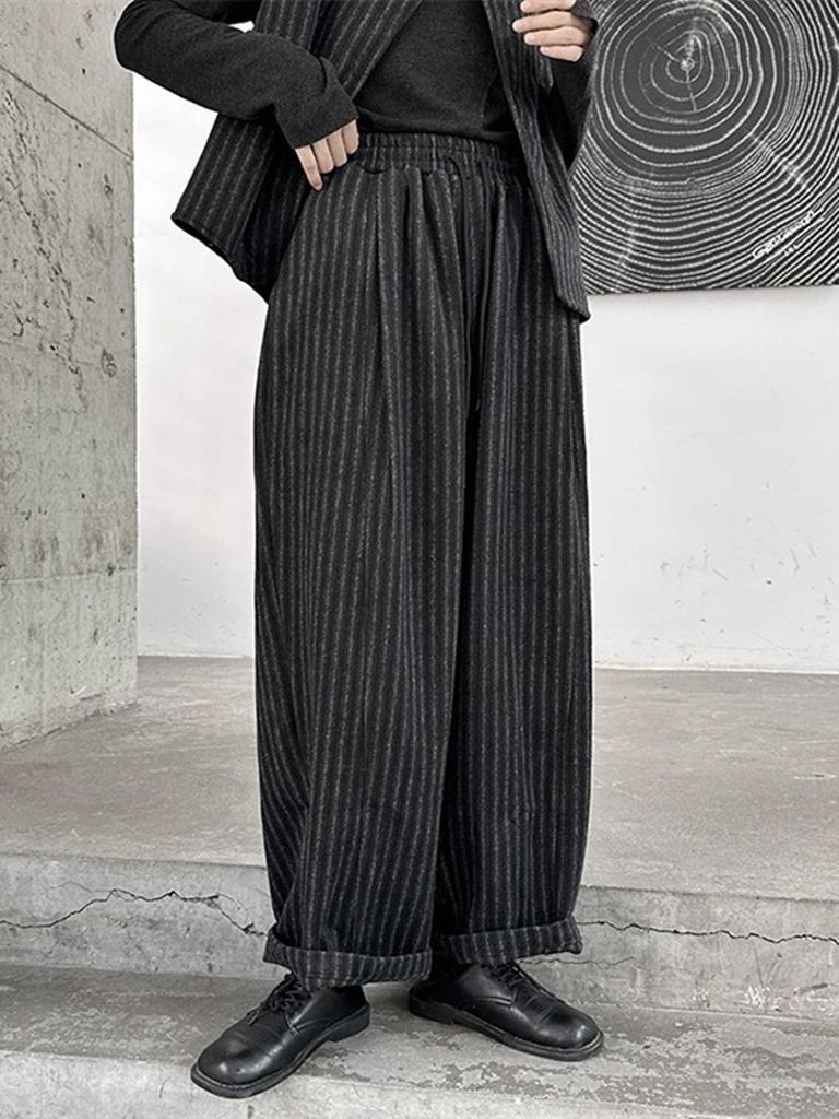 Autumn/Winter Wool Striped Wide-Leg Pants with Elastic High Waist