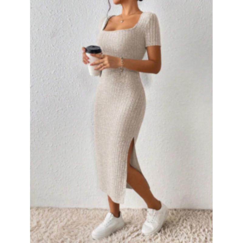 Summer Dress Women Satin Fabric Bodycon Open Slit Casual Elegant For Office Wear