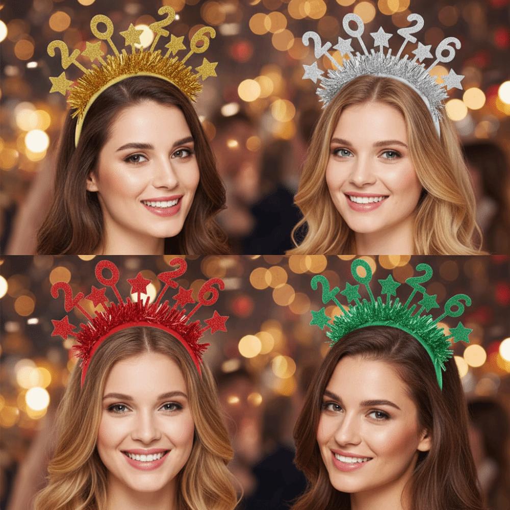 Sweet 2026 Happy New Year Headband Cute Glitter Hair Hoop Star Strip Headwear Party Decoration