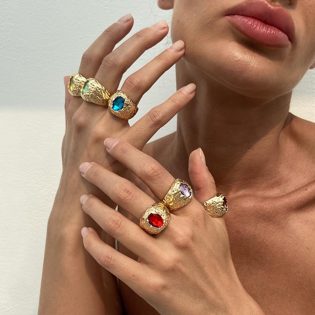 Fashion Metal Geometric Crystal Open Rings for Women Men Vintage Gold Color Zircon Liquid Wide Finger Rings Party Jewelry Gifts