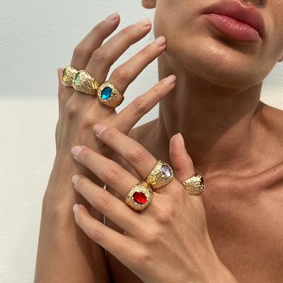 High-end Geometric Inlaid Gemstone Ring Set Personality Liquid Alloy Smooth Ring