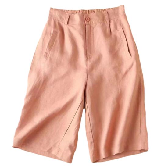 High Waist Elastic Waistband Women Shorts Button Fly Pockets Knee Length Straight Wide Leg Suit Short Pants Workwear
