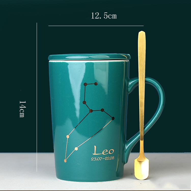Keramik-Kaffeetasse, Sternbild-Trinkgeschirr-Set mit Deckel, goldener Löffel, kreative Sternzeichen-Tassen, Geburtstagsgeschenke für Männer und Frauen