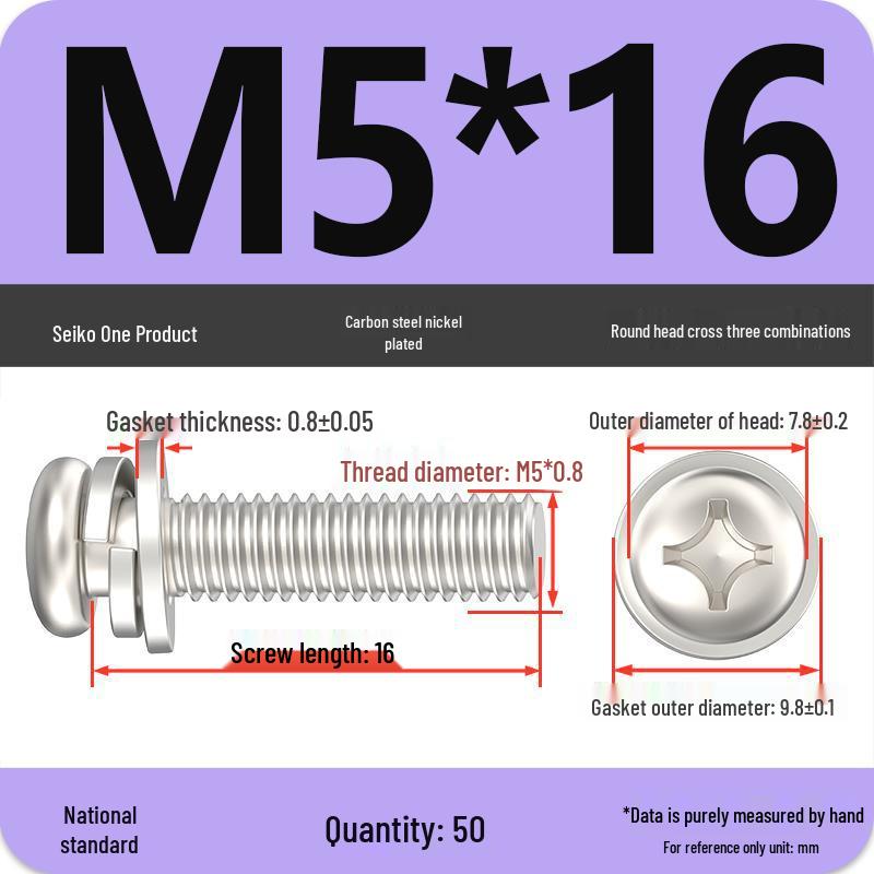 Nickel-Plated Phillips Pan Head Screw with Washer, M2-M6 Thread