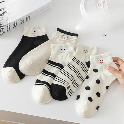 Summer Thin Cotton Socks for Women, Cute Expression Embroidered Polka Dot Shallow Mouth Boat Socks for Women