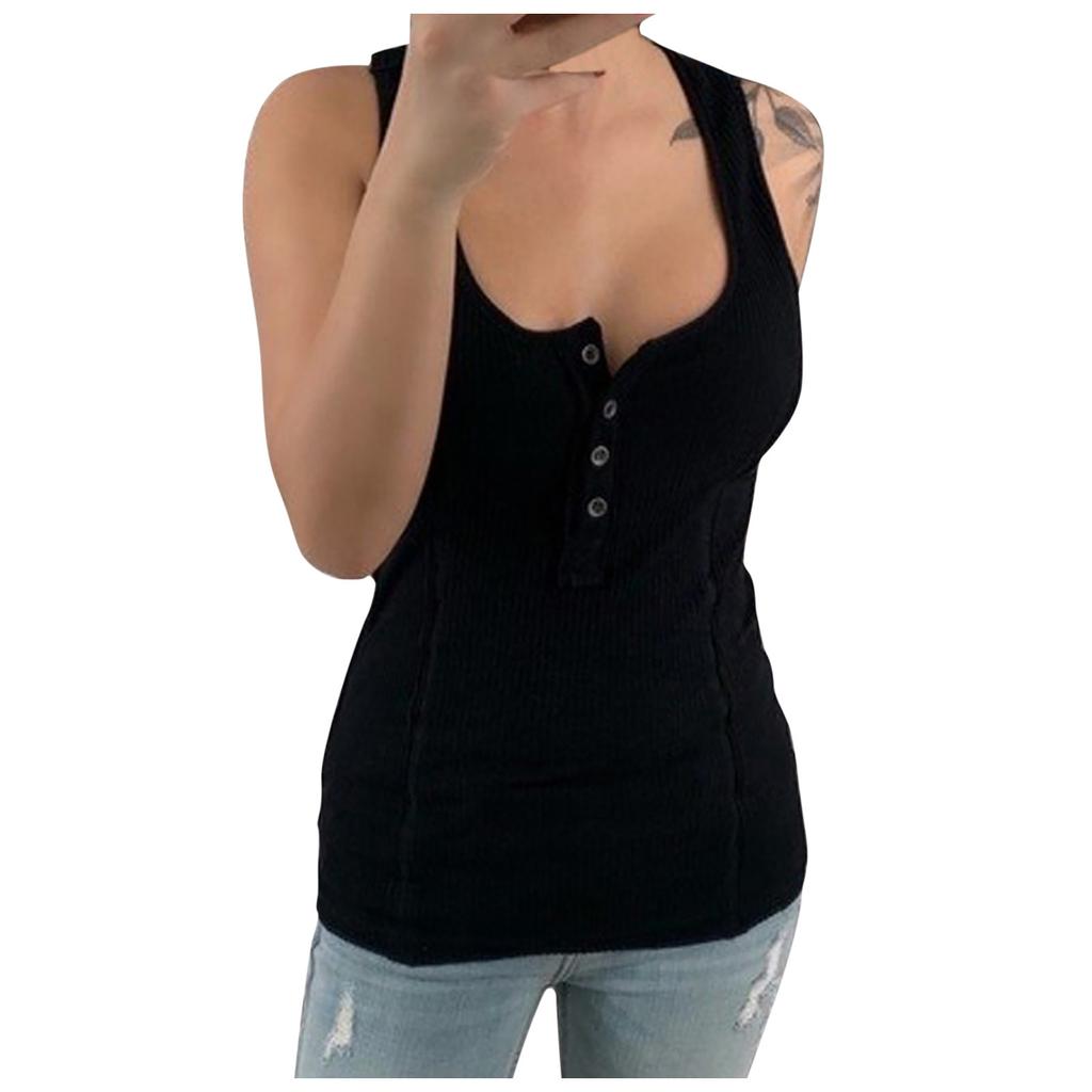 Solid Color Button Up Sleeveless Vest T-shirt Women's Wear