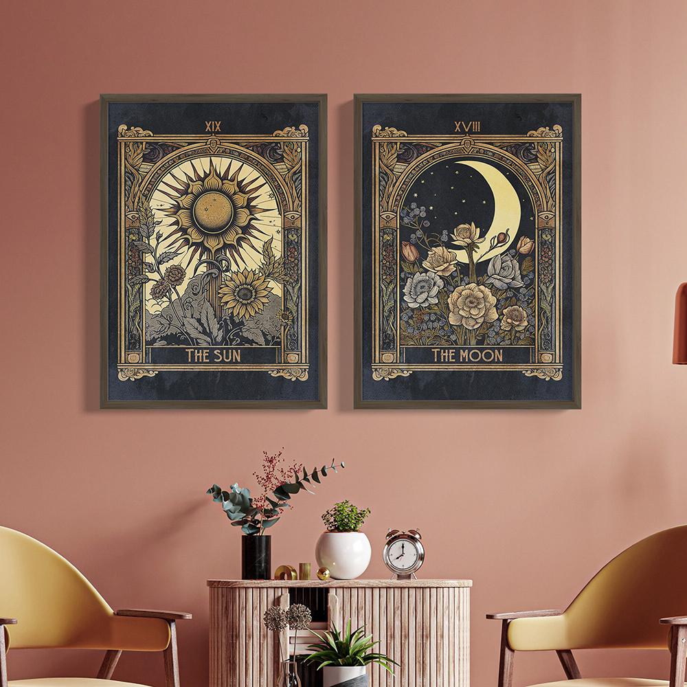 Boho Style Black The Sun Moon Tarot Card Witchy Poster Canvas Painting Abstract Flower Mystical Wall Art Picture Bedroom Decor