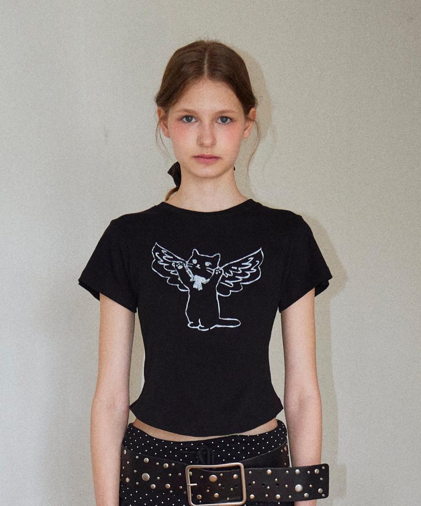 Loginaenloji Angel Cat Printed T-Shirt Black
