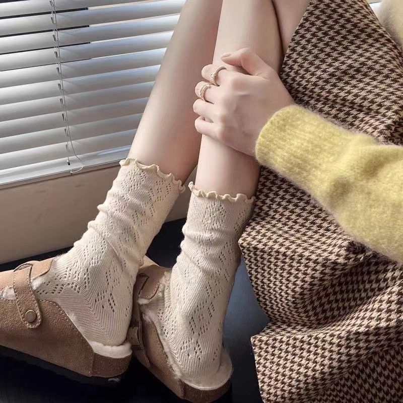 Autumn Women's Socks with Lace Trim Hollow-Out Mesh Breathable Slouch Solid Color Trendy and Versatile for Instagram Style Socks