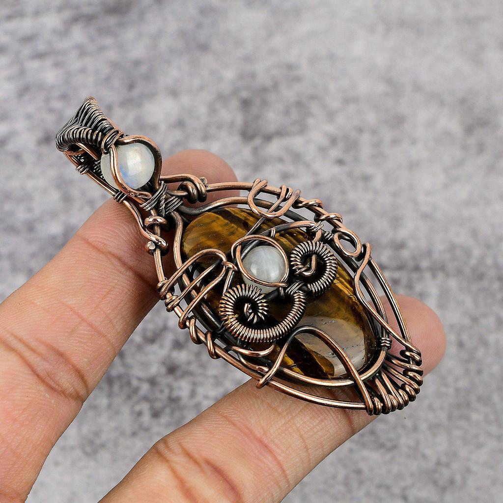 Tiger's Eye & Rainbow Moonstone 999 Copper Wire Wrapped Pendant, Handmade Gemstone Pendant , Gift For Mom Antique Jewelry