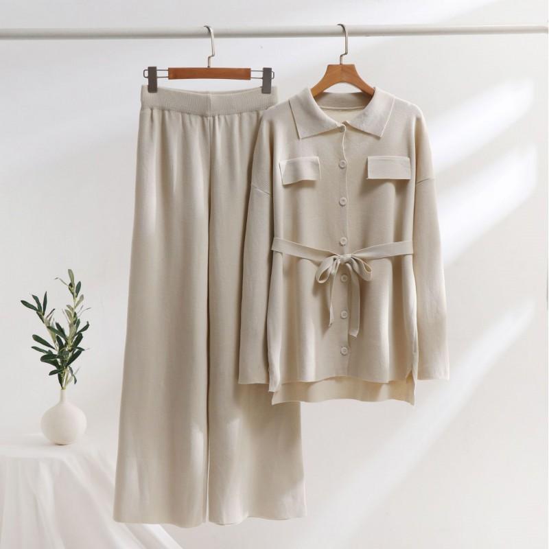 

Fashionable Simple Comfortable Two-piece Suit Solid Color Loose Top High-waist Wide-leg Pants Set one size абрикосовий