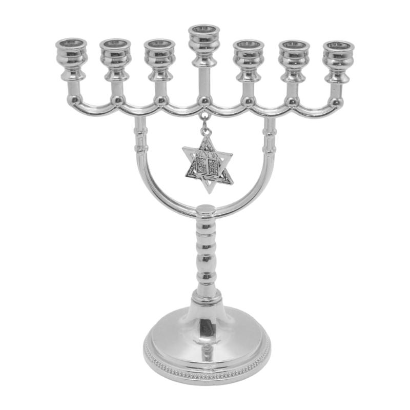Hanukkah Menorah 7 Branch Holder Stand with Hexagonal Star Pendant X3UC