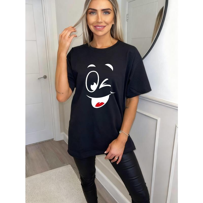 Oversized T Shirt Black Cartoon Face Print Casual Wear For Women Summer Outfit Streetwear Fashion Top