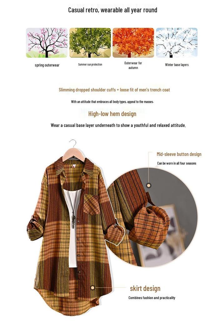 Retro Plaid Long-Sleeve Cotton-Linen Top: Spring/Autumn Loose-Fit Jacket