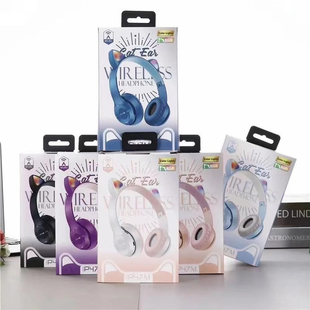 Flashing LED Cute Cat Ears Headphones Bluetooth Wireless Headset with Mic P47M Kid Girl Stereo Music Earbud Sports Headphones