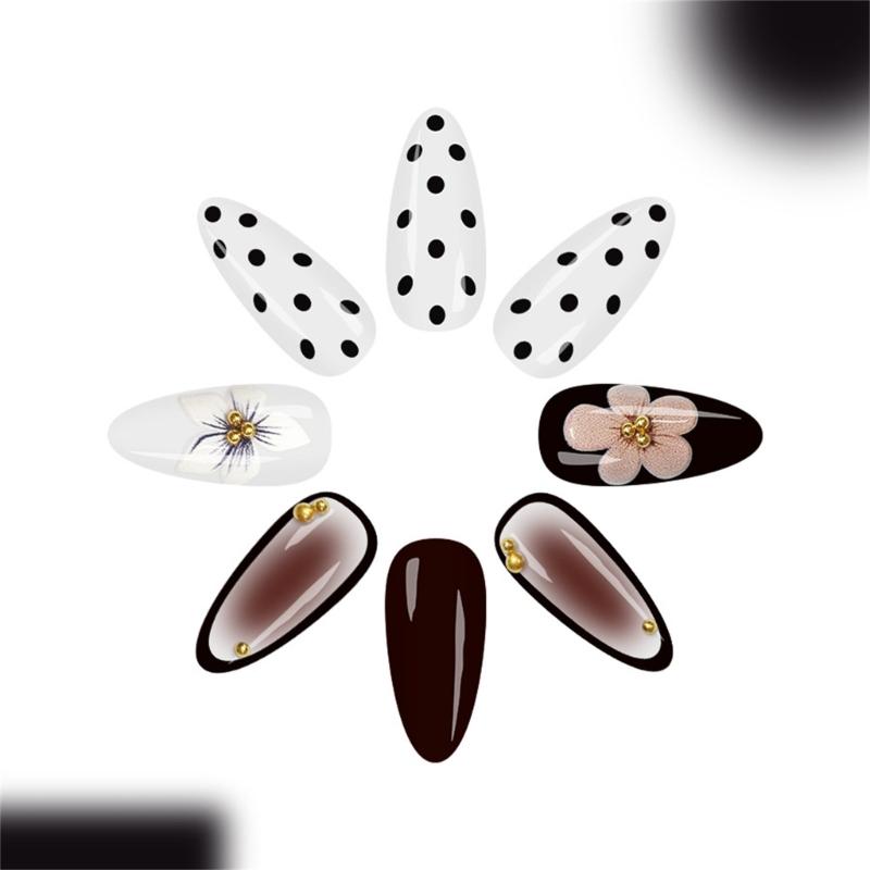 Pack of 24 Fake Nail Droplet Shape White Gradient Dot Flower Pattern Medium Length Glossy Press On Nail for Women