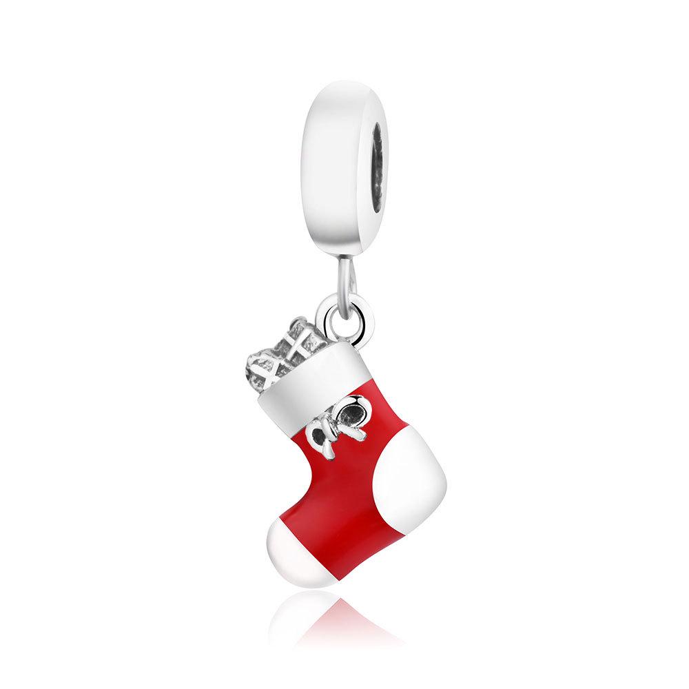 925 Sterling Silver Red Enamel Christmas Stocking Charm - Festive DIY Bracelet Gift for Friends & Family
