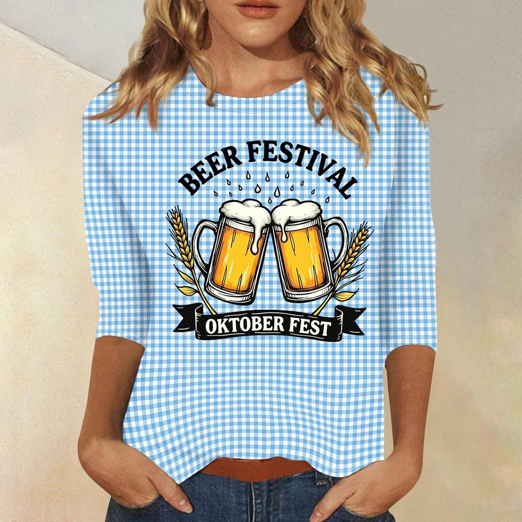 Women's Casual Plaid Three Quarter Sleeve Top Beer Festival Oktober Fest Graphic Print Round Neck Blouse