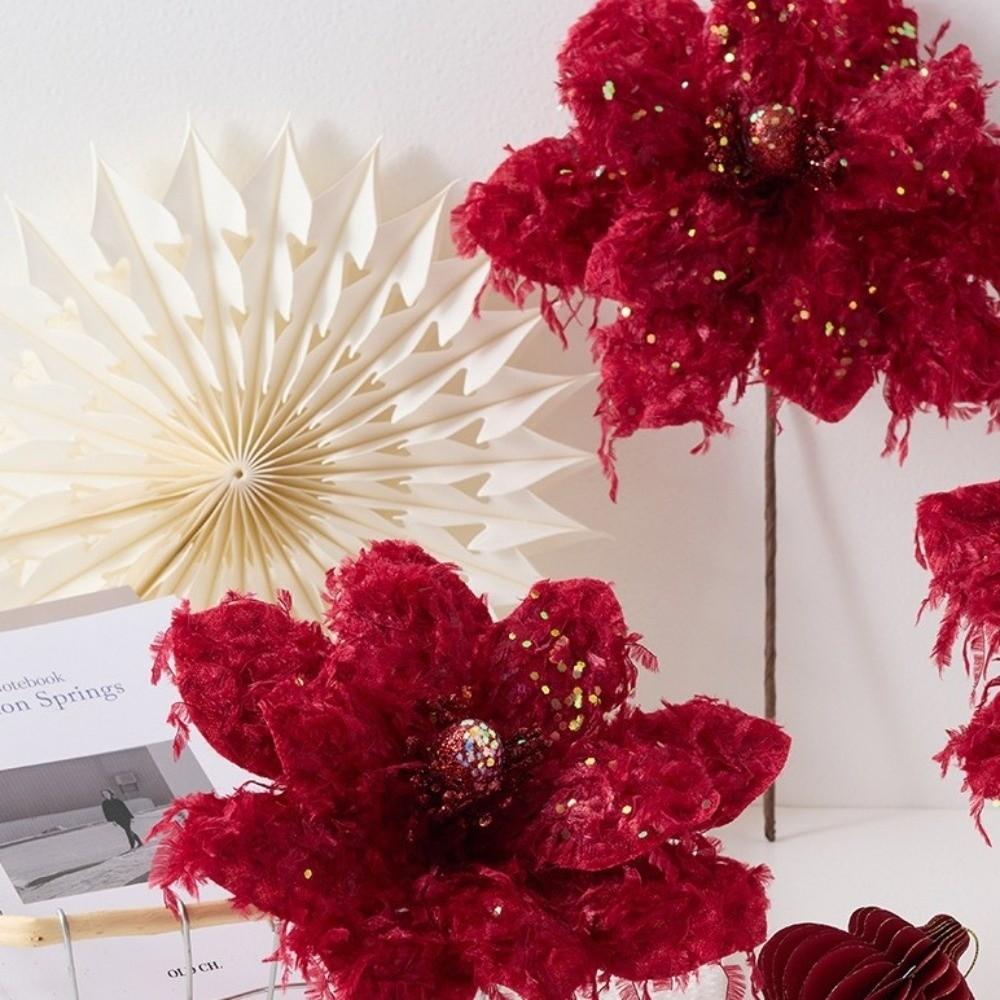 22CM Wine Red Artificial Poinsettia Flower Sequins Simulation Flowers  Christmas Decoration