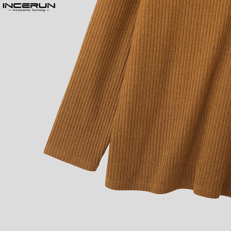 INCERUN Autumn Men Lapel V Neck Long Sleeve Texture Ribbed Knitted Casual Pullover Tops