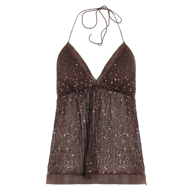 European & American Retro V-neck Sequin Halter Top - Sexy, Backless, Lace-up Slimming Camisole M
