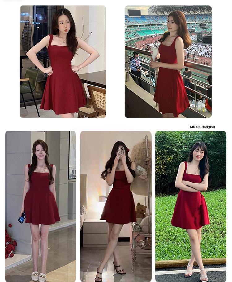 2025 Petite Red French Spaghetti Strap Dress - Sexy Waist-Hugging Summer Style