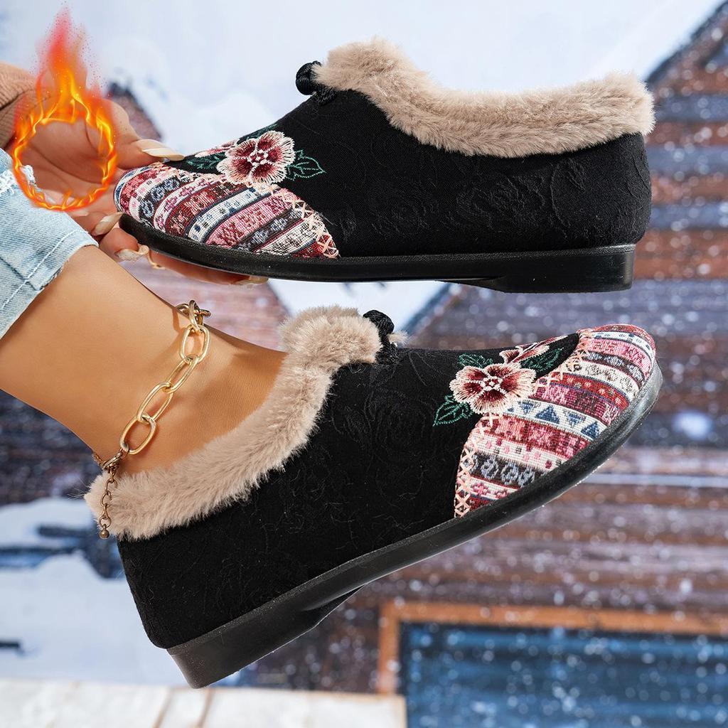 Women's Cotton Shoes, Fleece and Thickened Flat Embroidered Shoes