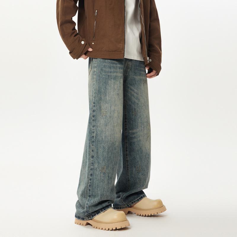 American High Street Old Retro Washing Ripped Jeans Men's Loose Straight Wide-leg Pants