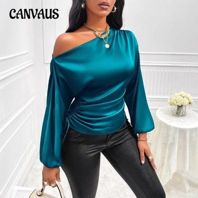Damen Frühlingsmode Neues Asymmetrisches Diagonal-Kragen Langarm-Top