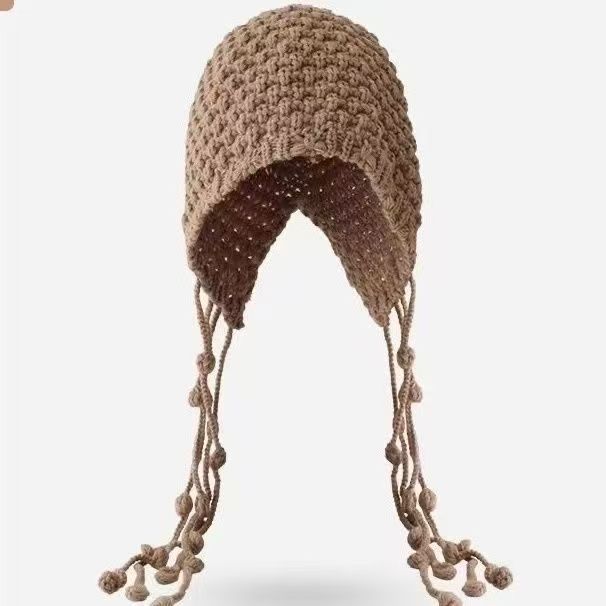 Women's Wool Hat for Autumn and Winter Ear Protection Goggles Dopamine Rainbow Handmade Crochet Color Ball Knit Hat Showing Small Face
