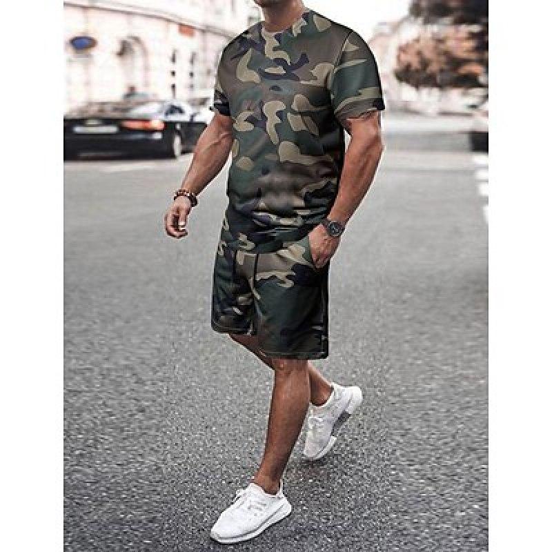 2-teiliges Herren-Outfit mit Kordelzug, Kapuzen-T-Shirt und Shorts, Camouflage, Rundhalsausschnitt, Alltagskleidung, Urlaub, kurze Ärmel, 2-teilige Kleidung, Bekleidung, Gymnastik, Freizeit