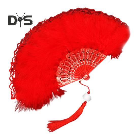 

Винтажный складной веер с перьями и кружевом с кисточками, портативный летний ручной веер, украшение для танцевального представления, реквизит для костюмов для вечеринок красный