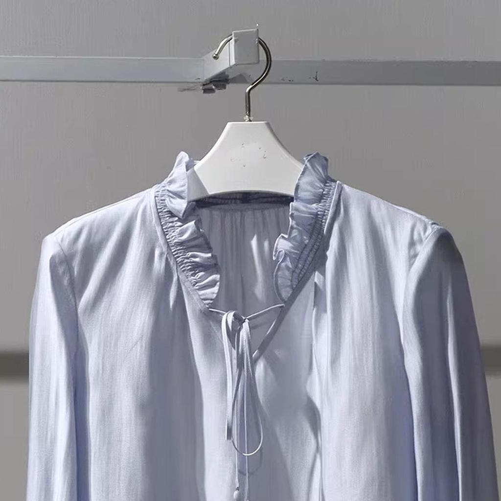 In Stock: 2026 Spring Fashion Sky Blue Lace-up Ruffle V-neck Women's Shirt 1H3120101G